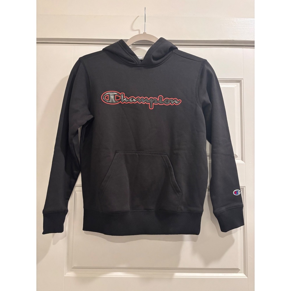 Champion Kids Black Script Logo Pullover Hoodie Sweatshirt Size M NWT